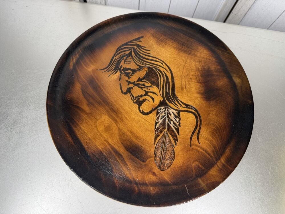 VTG Oregon Myrtlewood Wood Hand-Turned Carved Round Plate Indian Chief